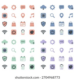 Una cuadrícula 4x4 limpia de 16 íconos de App móviles mostrados en cuatro colores pastel: melocotón, azul, verde menta y lavanda, ilustrados en estilo de Vector plano para el diseño de la interfaz de usuario.