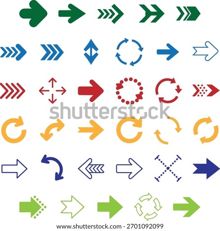 Clean 8K vector set of 30+ black arrow icons in minimalist flat style perfect for UI apps web, and infographics. Includes solid outline curved and chevron designs.