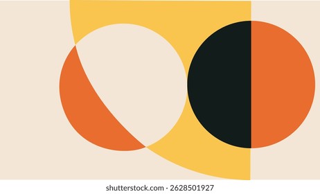 Clean abstract composition combining blocks, arcs, and circles in muted blue, orange, black, and cream. Simple and modern layout.