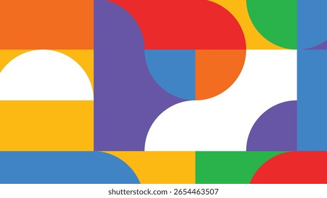 Composição abstrata limpa com arcos geométricos e contrastes de cores em azul, laranja, verde, vermelho e branco, perfeito para o design moderno.