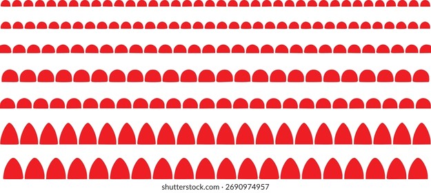 Um padrão gráfico limpo e abstrato com várias linhas de formas geométricas vermelhas repetidas, incluindo arcos e gotas de lágrimas, sobre um fundo branco.