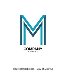 Un logotipo limpio y abstracto con la letra M formada por líneas geométricas paralelas azules y azules.