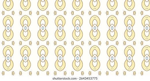Clean abstract pattern with symmetrical golden designs and soft floral icons on a white background. Ideal for packaging, textiles, or decor. Abstract, clean, seamless, floral, modern.
