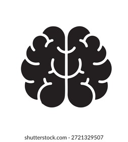 Una vista limpia y abstracta de arriba hacia abajo de un cerebro humano, representada como una silueta negra audaz con sutiles líneas blancas que indican sus intrincados lóbulos y hemisferios, que simbolizan efectivamente la inteligencia, el pensamiento, la memoria, la salud mental, las funciones cognitivas complejas y la sofisticada arquitectura de la mente humana.