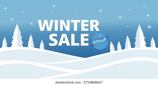 Uma ilustração de paisagem de inverno limpa e abstrata com colinas nevadas e pinheiros geométricos sob um céu azul com flocos de neve, anunciando uma "VENDA DE INVERNO" com uma etiqueta de 50% de desconto na fita. Este fundo vetor mínimo é ideal para materiais promocionais sazonais e de férias de marketing.