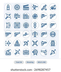 A clean, adaptable set of 36 Bold Line icons that interpret Shooting, easy to theme.