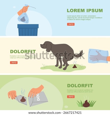 Clean up after dog. attention remove dog poop from grass. vector infographic banners