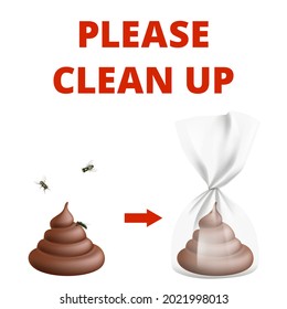 Reinigen Sie sich nach dem Hund. Info Poster, Poop und Insekten. Realistische Fliegenfliegen, transparenter Verpackungsvektorbanner