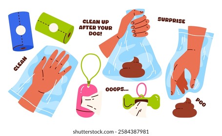 Clean up after your dog concept. Pet poop bags for waste and cleaning up after animals. Flat vector illustration in cartoon style. Isolated white background
