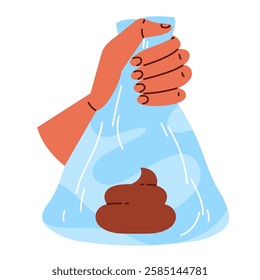 Clean up after your dog concept. Hand holding a plastic poop bag with dog fece. Pet care, environmental awareness and waste disposal. Vector illustration in cartoon style. Isolated white background