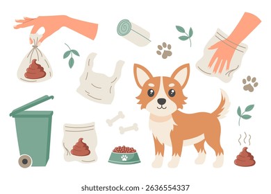 Clean up after your dog concept set. Pet care, environmental awareness and waste disposal. Illustration for social signs, pet products.