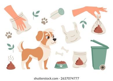 Clean up after your dog concept set. Pet care, environmental awareness and waste disposal. Illustration for social signs, pet products.
