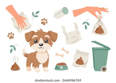 Clean up after your dog concept set. Pet care, environmental awareness and waste disposal. Illustration for social signs, pet products.