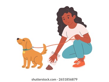 Reinigen Sie nach Ihrem Hundekonzept. Hundebesitzer räumt Hundeabfälle auf. Tierpflege, Umweltbewusstsein und Abfallentsorgung. Vektorgrafik im flachen Stil