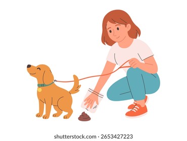 Reinigen Sie nach Ihrem Hundekonzept. Hundebesitzer räumt Hundeabfälle auf. Tierpflege, Umweltbewusstsein und Abfallentsorgung. Vektorgrafik im flachen Stil