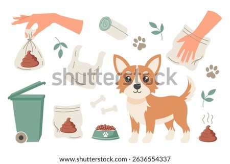 Clean up after your dog concept set. Pet care, environmental awareness and waste disposal. Illustration for social signs, pet products.