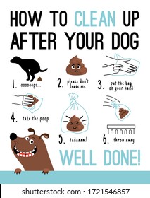 Clean up after your dog. Dogs poop hands cleaning vector illustration, pick up poo after pets, person picking waste from park lawn in canine bag