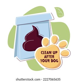 Clean up after your dog poo, excrement. Design for publish park, banner, flyer, web, sign, icon. Vector illustration on the white background