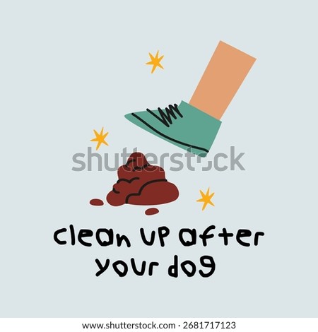 Clean up after your dog poster in doodle retro style. Proper walking of pets. Card design of the rules for walking dogs in park and street. Vector illustration
