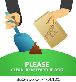 Clean up after your dog. Vector stock illustration of a dog owner cleaning the lawn with a scoop and a paper bag 