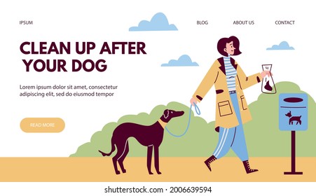 Clean Up After Your Dog Web Banner With Woman Putting Her Pets Excrement In Special Container, Flat Vector Illustration. Responsible Pet Owner Cares About Environment.