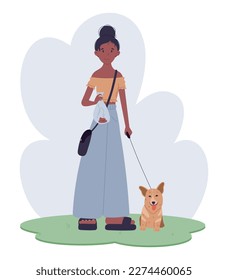 Limpie el concepto de mascota. Muchacha caminando un perro de corgi sobre una correa. Mujer afroamericana sosteniendo una bolsa de excremento. Ilustración plana vectorial.