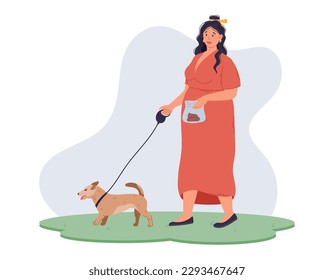 Limpie después de su concepto de mascota. Joven caricaturista con sobrepeso en un vestido caminando un perro sobre una correa en el pasto y sosteniendo excremento en una bolsa de plástico. Ilustración plana vectorial.