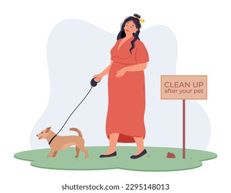 Clean up after your Pet Concept, a sign with the rules. Young cartoon overweight woman in a dress walking a dog on a leash breaking the law. Nature pollution vector flat illustration.