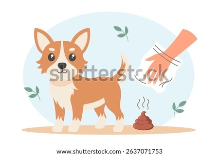 Clean up after your pet. Dog and hygienic bag for dog waste. Pet care, environmental awareness and waste disposal. Illustration.
