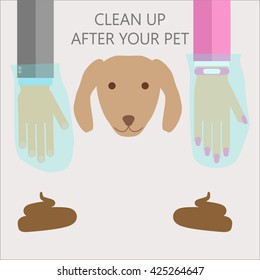 Clean up after your pet illustration. Vector flat style warning for dog owners with hands in  plastic bags