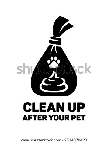 Clean up after your pet. Outline logo template with hygienic dog waste bag with poop icon. Flat style, simple black and white illustration. Responsible pet ownership concept.