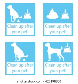 Clean up after your pet. Set icon. Ecological cleanliness of the environment, taking care of pets. dog pooping sign white silhouette on  blue background