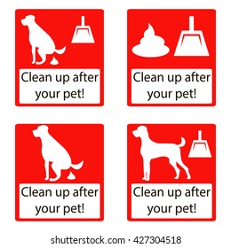 Clean up after your pet. Set icon. Ecological cleanliness of the environment, taking care of pets. dog pooping sign white silhouette on red background