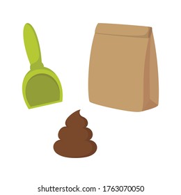 clean up after your pet vector illustration with cartoon poop, shovel and cardboard package isolated on white
