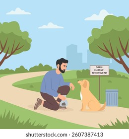 Clean up after your pets concept. Man collecting animal excrement in a plastic bag outdoors. Vector illustration 