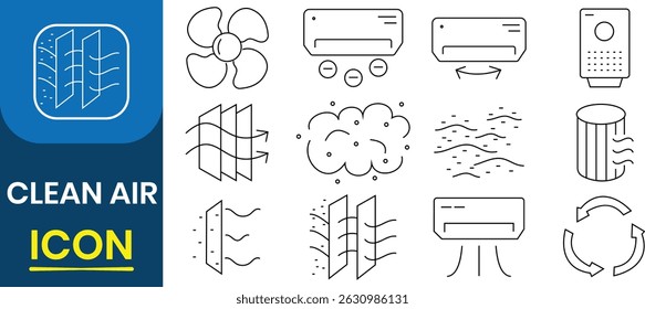 Clean air icon vector set. Clean or fresh air icon vector set. Air conditioning, purification, dust, viruses, filter, fan, air circulation, temperature, etc. Vector illustration.