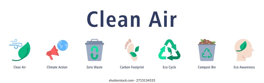 Ilustración vectorial de íconos de Anuncio de Web de aire limpio con íconos de aire claro, acción climática, cero residuos, huella de carbono, ciclo ecológico, contenedor de compost y conciencia ecológica.