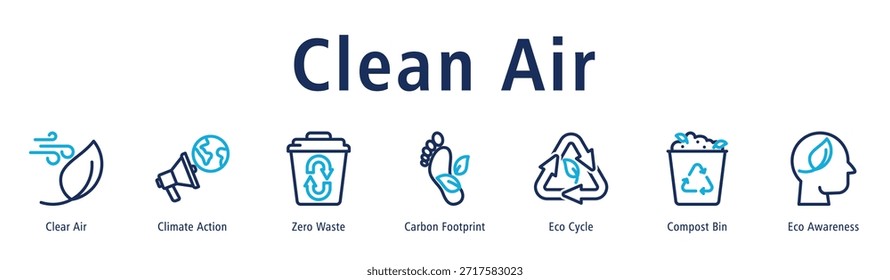 Ilustración vectorial de íconos de Anuncio de Web de aire limpio con íconos de aire claro, acción climática, cero residuos, huella de carbono, ciclo ecológico, contenedor de compost y conciencia ecológica.