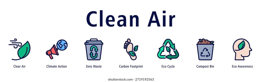 Clean Air web banner icon vector illustration with icons of Clear Air, Climate Action, Zero Waste, Carbon Footprint, Eco Cycle, Compost Bin, and Eco Awareness.