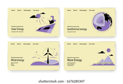 Clean alternative energy vector website template, landing page design for website and mobile site development. Solar, wind, geothermal and wave energy web banners, flat style illustration.