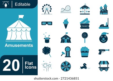 Conjunto de iconos planos de diversión limpia con Elementos de carnaval, feria y entretenimiento. Estilo plano moderno con Formas equilibradas, detalles simples y diseño de Vector editable, perfecto para App, UI y proyectos de Web.