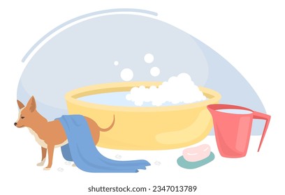Clean animal vector. Dog washing flat cartoon illustration with wet puppy under towel, bathtub filled foamy water, jar and soap