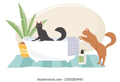 Ilustración vectorial de animales limpios con el lindo gato lavado en la escena de baño de espuma. Concepto de procedimiento higiénico y de captación de mascotas