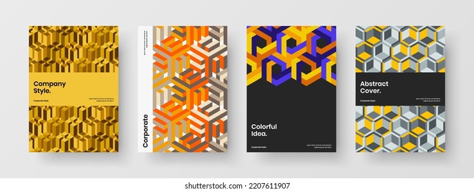 Clean annual report design vector illustration set. Isolated mosaic pattern corporate brochure concept collection.
