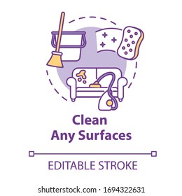 Clean any surfaces concept icon. Wash furniture. Housekeeping and housework. Sanitation at house. Quarantine idea thin line illustration. Vector isolated outline RGB color drawing. Editable stroke