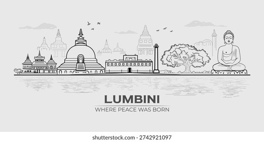 Clean architectural skyline illustration featuring the sacred monuments of Lumbini arranged in balanced hierarchy with central stupa focus, subtle temple backdrop, Bodhi tree, Buddha statue, and reflective water detailing. Designed in refined minimal line style suitable for editorial, travel branding, prints, and cultural publications.