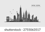 Clean architectural skyline illustration of New York featuring the Statue of Liberty, Brooklyn Bridge, and iconic Manhattan skyscrapers arranged in a balanced cityscape composition. Minimal vector style designed for travel graphics, posters, branding, and editorial design.