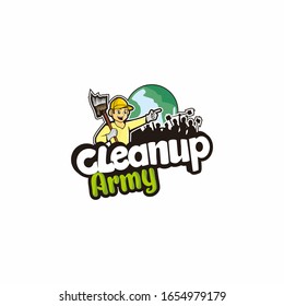 Clean up army leader with people and globe background editable vector