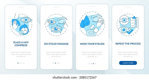 Clean around eyes onboarding mobile app page screen. Instructions for surgery walkthrough 4 steps graphic instructions with concepts. UI, UX, GUI vector template with linear color illustrations
