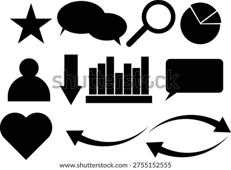 A clean arrangement of widely recognized black glyphs for digital applications, including navigation, data, and social interactions.